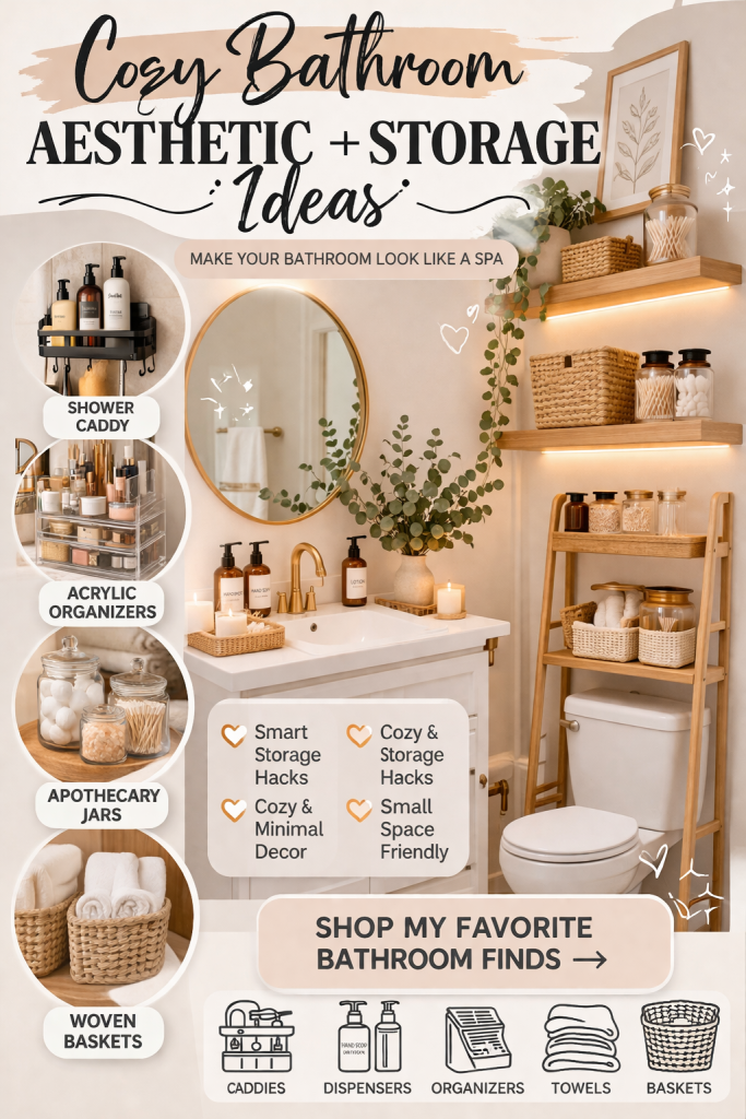 A cozy, clutter-free bathroom with warm tones and smart storage touches.