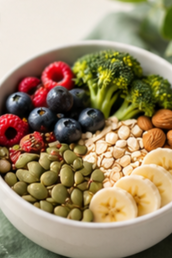 Bowl of healthy foods including berries, oats and yoghurt that support gut health naturally.